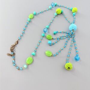 Y-Chain‎ Long Beaded Necklace with Lobster Claw Clasp Blues and Green 14" Drop